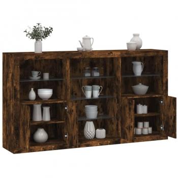 Aparador con luces LED de Madera en color Roble Ahumado, Dimensiones 181,5x37x100 cm, Mueble de Almacenaje para Salón, Buffet y Armario Auxiliar