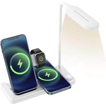 DAM Estación de Carga Inalámbrica 4 en 1 con Lámpara LED - Qi, Auriculares y Apple Watch