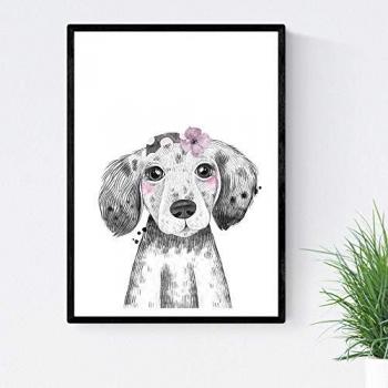Lámina Infantil Perro Bebé con Pañuelo y Flor - Poster Animales Infantiles Tamaño A3 Enmarcado con Marco Negro