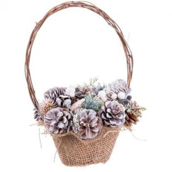 Cesta de Navidad con asas y piñas de tela marrón de Ø 21x30 cm