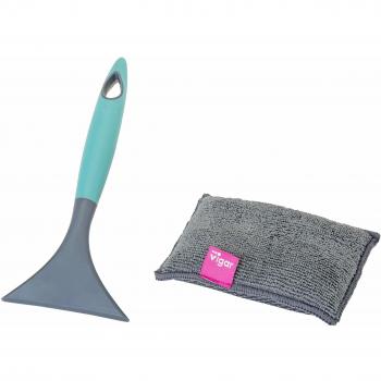 VIGAR S Set Vitrocerámica Uso Hergo, Rasqueta con Mango de suve Goma y Cuchilla Anti-rayaduras y Esponja de Doble Capa de Microfibra
