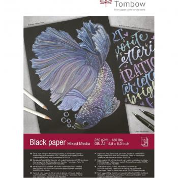 Pack 15 hojas papel de dibujo A5 Tombow negro, bloc de dibujo, papel negro, DIN A5, en blanco, 250 g/m²