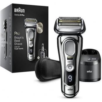 Braun Series 9 Pro Afeitadora Eléctrica Hombre, Máquina de Afeitar Barba con Recortadora ProLift y Cabezal 4en1, Centro de Limpieza y Carga 5en1, Funda, Recargable, Inalámbrica, 9466 CC, Cromo