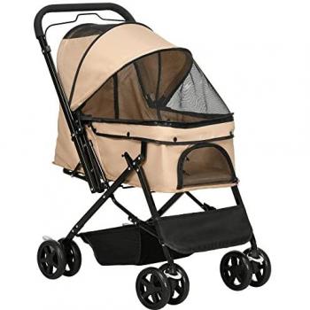 Cochecito para Mascotas PawHut Plegable con Toldo Ajustable, Cesta de Almacenaje, Correas de Seguridad y Frenos, Tela Oxford 600D, Acero, Dimensiones 76,5x52