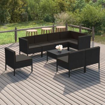 9-Piece Black Poly Rattan Garden Lounge Set with Cushions