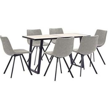 vidaXL Juego Comedor 7 Pieza Cuero Sintético Mobiliario Decoración Interior Casa Hogar Robusto Duradero Resistente Funcional Práctico Útil Gris Claro