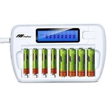 Cargador de Pilas Recargables,Flepow 8 Bay/Slot del Tipo AA / AAA para Ni-MH Ni-Cd,Cargador de Batería con 8 ranuras LCD,Cargador Rápido Inteligente para Pilas