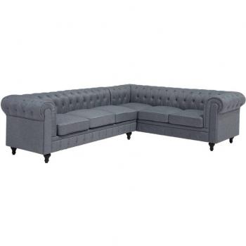 Sofá Chesterfield Esquinero Derecho 6 Plazas Tapizado en Tela Beige con Patas de Madera Oscura