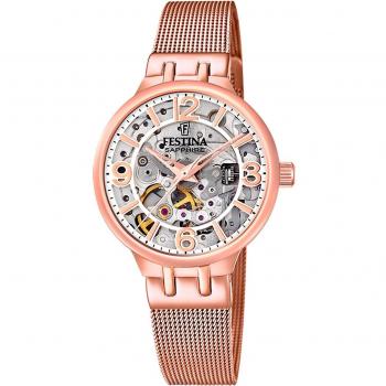 Festina F20581/2 Automatic Skeleton Lady Watch with Black Dial and Pink Steel Case
