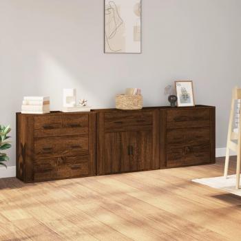 Aparador de 3 piezas en madera contrachapada color marrón roble, mueble de almacenaje para salón, buffet y armario auxiliar