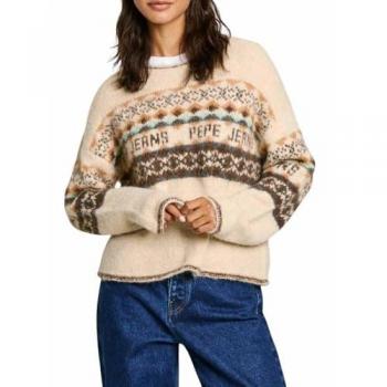 Pepe Jeans Jersey de mujer cuello redondo Hitty beige con estampado fairisle, talla M, color ecru white