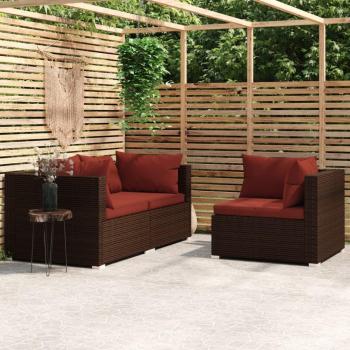 Juego de sofás de jardín con cojines 3 piezas en Polyrattan Marrón
