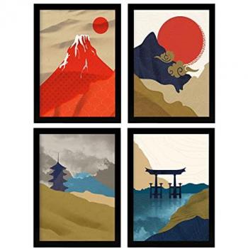 Set de 4 Pósters de Templos Japoneses - Láminas e Ilustraciones Orientales con Marco Negro A4 para Decoración de Interiores
