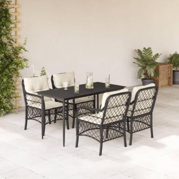 5-Piece Black Poly Rattan Garden Dining Set with Cushions