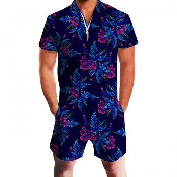 Goodstoworld Hombre Mameluco Jumpsuit 3D Gráfico Impreso Zip Up Mono Camisa de Grandad Verano Onesies L Tropical Flowers