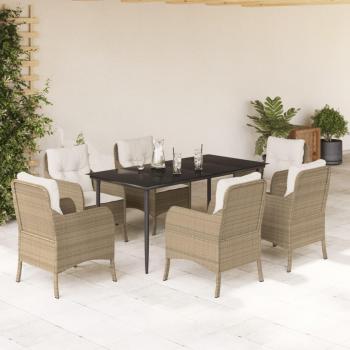 7 Piece Beige Poly Rattan Garden Dining Set with Cushions