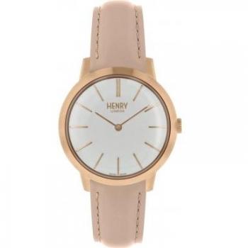 Reloj Henry London Iconic para Mujer HL34-S-0222, 34mm, diseño elegante, caja de acero inoxidable, esfera blanca con detalles dorados, correa de cuero genuino, resistente al agua hasta 30 metros