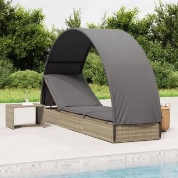 Tumbona con toldo redondo de ratán sintético, dimensiones 211x57x140 cm, colores marrón, negro y blanco, ideal para jardín, playa, piscina o terraza