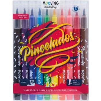 Marcadores Punta Pincel Mooving - Set de 10 Rotuladores Coloring con Tinta Base Agua, Colores Vibrantes, Ideal para Dibujo y Manualidades en Papel Pergamino