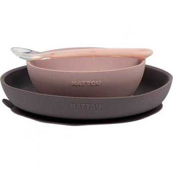 Nattou Juego de Vajilla 3 Piezas de Silicona para Bebé, Práctico y Fácil de Limpiar