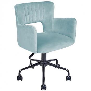 Silla de oficina de terciopelo azul claro con reposabrazos, respaldo recortado y altura ajustable, base en estrella de metal negro