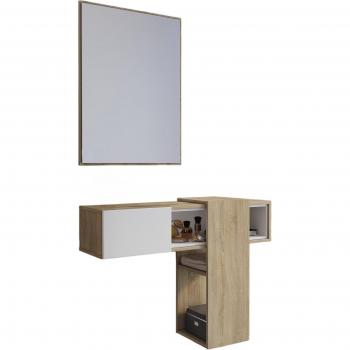 Mueble de Entrada Multifuncional Zugliano con Espejo, 100x31.2h75 cm, Melamina Roble Blanco y Marrón