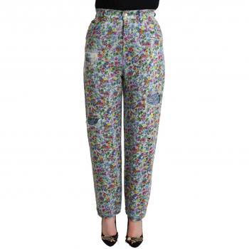 Dolce & Gabbana Blue Floral Print High Waist Denim Tapered Jeans - IT40|S, Female, Multicolor, Size: XS
