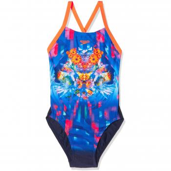 Speedo Girls Dreamscape Fusion Placement Digital Crossback Swimsuit, Navy/Fluo Orange/Turquoise, XX-Large