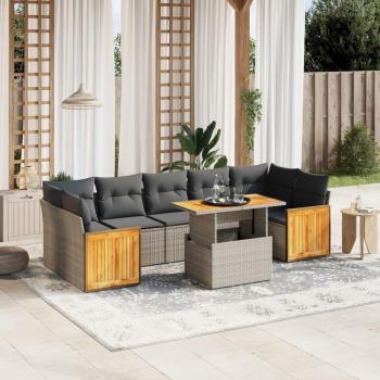 8-Piece Grey Poly Rattan Garden Sofa Set with Cushions