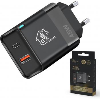 Cargador rápido Extralink Smart Life 45W GaN con puertos USB-C y USB-A