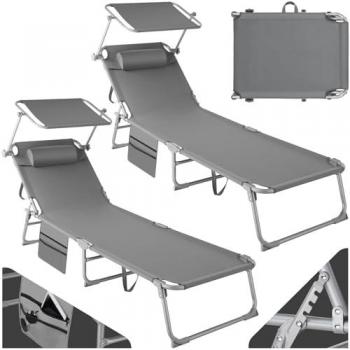 Conjunto de 2 tumbonas Chloé con 4 posiciones y almohada para la cabeza - Tumbonas plegables extremadamente cómodas con reposacabezas extraíble, respaldo ajustable en 4 posiciones y techo solar ajustable