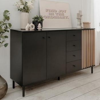 Aparador Monza L160 cm - 3 Puertas y 4 Cajones en Negro y Madera