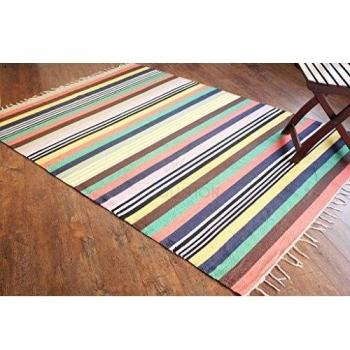 Alfombra de tejido reversible tejido 100% algodón orgánico con tintes vegetales. Estampado a rayas multicolor. Tapete. Medidas: 150x210cm