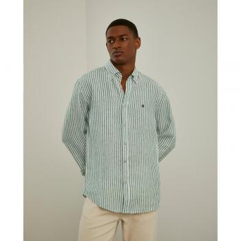 Camisa de lino para hombre Lion of Porches, corte regular, estampado a rayas en color verde