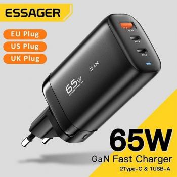 Cargador Essager GaN 65W USB-C 2xUSB-C 1xUSB-A Carga Rápida para iPhone 14, MacBook y dispositivos compatibles (Negro)