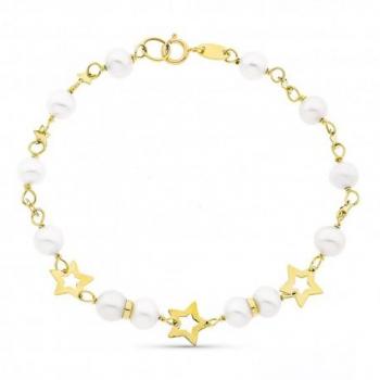 Pulsera de oro 18k para niña de Primera Comunión con estrellas combinadas, doce perlas de 5 mm y cierre reasa.