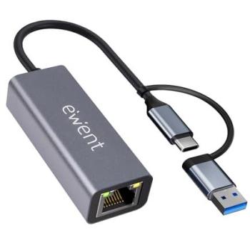 Hub USB 3.2 Gen 1 Type-A y Type-C con Adaptador Ethernet RJ45 Gigabit 1000 Mbps, Carcasa de Aluminio, Plug & Play, Ewent EW9819