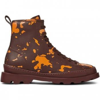 Camper Brutus Women's Burgundy Leather Ankle Boots with Laces and Prints