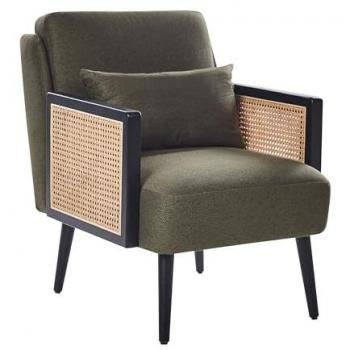 Sillón Tradicional de Poliester Verde con Estructura Negra de Madera y Ratan Trenzado Orum