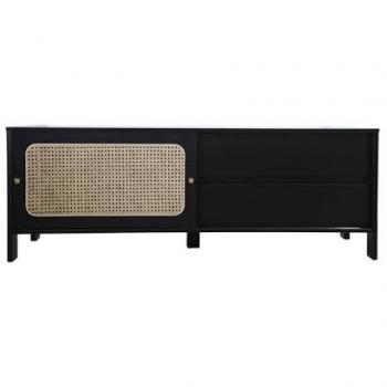 Mueble de TV Bali de madera negra y mimbre con puerta corredera y 2 cajones, diseño contemporáneo elegante