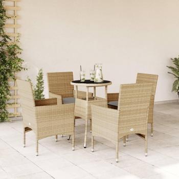 Set de almuerzo de jardín de 5 piezas con cojines de Polyrattan y vidrio beige