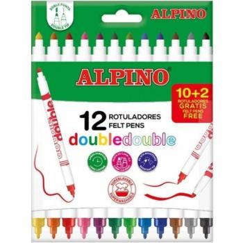 Rotuladores Alpino Double Double 12 Colores con Doble Punta (Fina y Gruesa) en Estuche - Tinta Lavable, Colores Surtidos