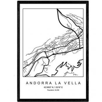 Lámina Mapa de Andorra la Vella Estilo Nórdico en Blanco y Negro sin Marco - A4