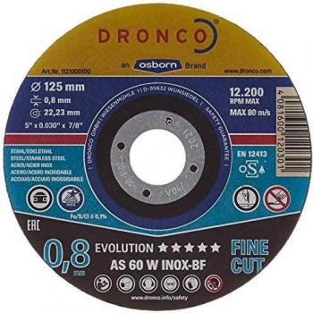 Dronco AS60W-125 Discos de Corte Metal, As 60 W Inox Evolution, 125 Mm Diámetro, 0.8 Mm Espesor, 22.23 Mm Diámetro Eje, 12,200 RPM, 1 unidad, único