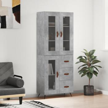 Aparador alto de madera contrachapada, 69,5x34x180 cm, color gris hormigón, con 1 puerta de cristal y 3 cajones, mueble de almacenaje para salón