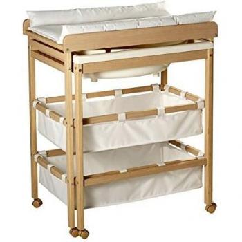 Combinacion bañera cambiador roba 'Baby Pool', bañera con cambiador encima plegable, en madera natural, colchoneta del cambiador en blanco.