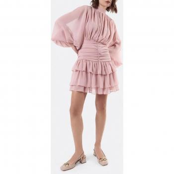 Vestido de mujer corto rosa en textil con cintura drap gasa