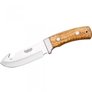 Cuchillo Desollador Joker Oso-D CO55, Hoja de 12 cm MOVA, Mango de Olivo y Funda de Cuero Marrón para Pesca, Caza, Camping y Senderismo