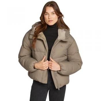 Calvin Klein Women's Short Hooded Puffer Jacket with Logo - Brown - Size L