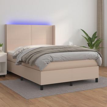 Cama box spring blanda con colchón y LED Cappuccino 140x190cm de cuero sintético
